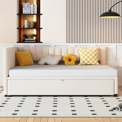 Produktbild von Schlafsofa mit Ausziehbett L-förmiges Sofa Polstermöbel Polsterbett in Samtstoff Kinderbett Gästebett 90/180*200cm Beige