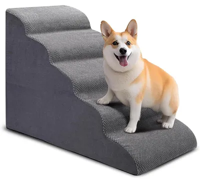 Produktbild von Hundetreppe fuer hohe Betten, 5-Stufen-Hundestufen fuer kleine Hunde und Katzen, gebogene Haustiertreppe zum Klettern auf hohe Betten, rutschfeste, ausgewogene Haustierstufe, Innentreppe fuer kleine Haustiere, aeltere Hunde