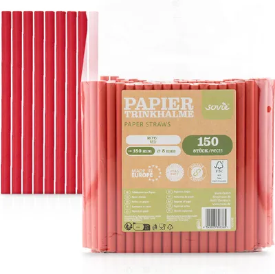 Produktbild von Trinkhalme in rot aus Papier, Ø 8 mm / 15 cm, 150 Stück verpackt im Folienbeutel - Mank