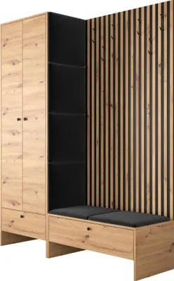 Produktbild von MIRJAN24 Garderoben-Set Balma III, Kleiderschrank, Unterschrank mit Lamellen, 6x Gepolstertes Paneel 42x42 (Farbe: Artisan Eiche / Artisan eiche + Schwarz, Manila 18)