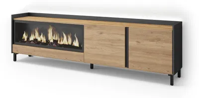 Image de Meuble tv effet bois de chêne et noir 212x35x61cm cheminée effet feu