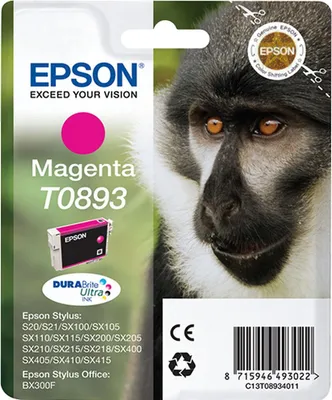 Obrázok produktu pre Epson Monkey Jednofarebný atrament DURABrite Ultra T0893 opica Magenta, Purpurová, Atrament na pigmentovej báze, 3,5 ml, 1 kusov