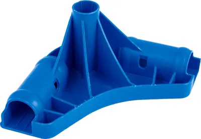 A blue plastic pool corner joint is shown against a white background.