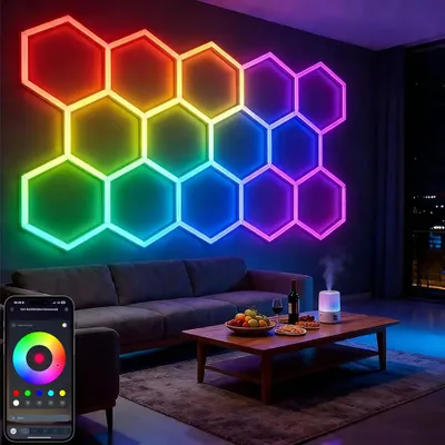 Produktbild von Sechseckige Wandleuchte - 14 Hexagon-Module - RGB-Farbwechsel - Musikrhythmus - App-Steuerung - Smart - 220 V