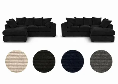 Zdjęcie produktu dla Narożna sofa prawostronna DIVERS, 3-osobowa, z tkaniny sztruksowej, czarna, 212 x 166 cm, sofa do salonu w stylu nowoczesnym