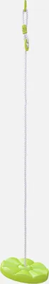 A green and white swing seat on a stand, isolated on a white background.