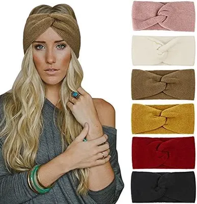 Produktbild von 6 Winter-Stirnbänder für Damen und Mädchen aus Strick mit Ohrenwärmer, Kopfband und Haarband