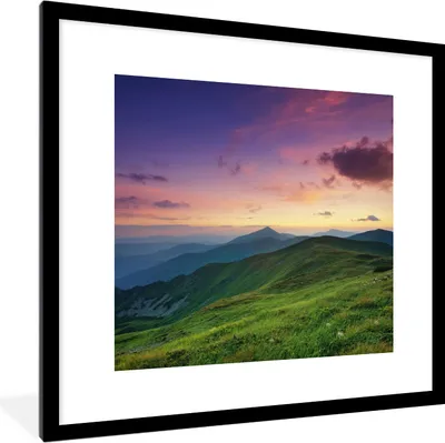 Produktbild von MuchoWow® Gerahmtes Poster Berg - Gras - Landschaft - Abend 40x40 cm - Poster mit Schwarzem Bilderrahmen Wandposter Rahmen Foto Bilder - Poster - Plakat im Rahmen