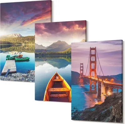 Obrázok produktu pre Foto Na Plátno – Obraz Na Plátne – Fotoplátno – Viacdielne Obrazy – Tlač Fotografii – Rám Z Dreva – Matné Plátno – Nástenné Umenie – Set 3 Kusy – 40x60 Cm Každý – Výhľad na hory s jazerami, člnmi a mostom