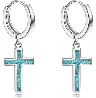 Produktbild von Creolen mit Kreuz und Sternen, Sterling Silber, Schwarz/Türkis