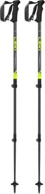 A pair of black and yellow LEKI trail walking poles against a white background.