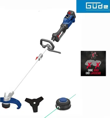 A cordless string trimmer with accessories displayed on a white background.