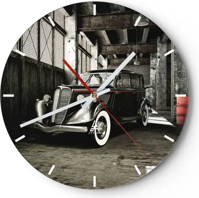 Produktbild von Wanduhr - Rund - Glasuhr - Auto klassisch auto modell - 30x30cm - Schleichendes Uhrwerk - Lautlos - zum Aufhängen bereit - Dekoration Modern - Wanddekoration aus Glas - C3AR30x30-2557