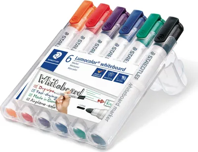 Zdjęcie produktu dla Staedtler Lumocolor whiteboard marker 351, 6 szt., Czarny, Niebieski, Zielony, Pomarańczowy, Czerwony, Fioletowy, Końcówka pociskowa, Różne kolory, Polipropylen (PP), 2 mm