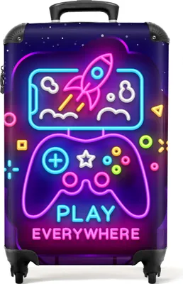 Produktbild von NoBoringSuitcases.com Kinder Handgepäck Koffer 55x35x20 cm, 36L, Kinderdrucke für Jungen: Lila - Gaming, Reisekoffer mit 4 Rollen