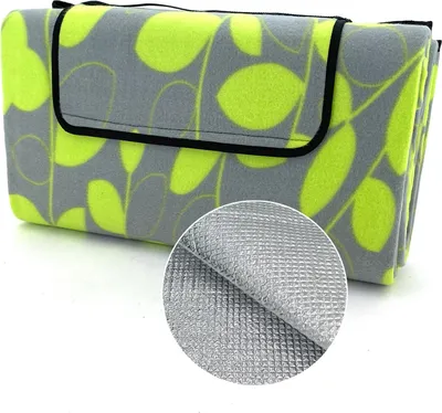 Produktbild von heimtexland XL Picknickdecke wasserdicht Outdoor Strandmatte Isomatte waschbar Campingdecke faltbar mit Tragegriff Festival Zelten Picknick Strand Decke Typ549 Blätter Lemon 200x200 cm