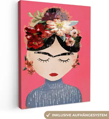 Zdjęcie produktu dla MuchoWow® - Obraz na płótnie - Frida Kahlo - Kobieta - Vintage - Kwiaty - Sztuka, dekoracja ścienna, obrazy do salonu, 30x40cm