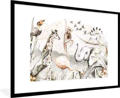 Produktbild von MuchoWow® MuchoWow® Gerahmtes Poster Wasserfarben - Tiere - Dschungel - Jungen - Mädchen - Kinder - Kinder 90x60 cm - Poster mit zchwarzem Bilderrahmen - Wanddekoration - Fotos