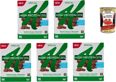Produktbild von Kellogg's Special K High Protein Cacao e nocciola 320gr, Hoher Proteingehalt 21% mit Kakao- und Haselnussgeschmack 5x 320 g + Italian Gourmet polpa 400gr