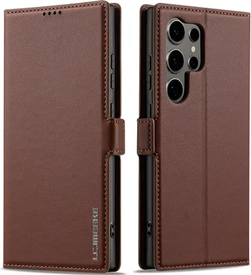 Image de Etui magnétique en cuir pour Samsung Galaxy S24 Ultra, avec fente pour cartes et fonction stand Marron