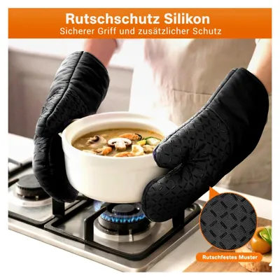 Produktbild von Ofenhandschuhe und Topflappen 4er Set - Hitzebeständig bis 300°C, Rutschfest, Verlängert, Weich, Kochhandschuhe, Schwarz