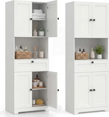 Produktbild von COSTWAY Badezimmerschrank, Hochschrank mit 4 Türen & 1 Schublade, offenes Fach, 3-Fach Regal, Aufbewahrungsschrank, 60 x 35 x 171,5 cm, Weiß