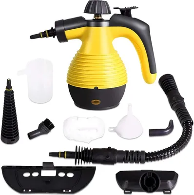 Produktbild von Handdampfreiniger 350ml Wassertank, 1050W Mehrzweck-Dampfreiniger mit 9 Zubehörteilen, 3 bar, mit Sicherheitsschloss, 3-5 min, für Fenster & Teppiche & Boden (Gelb)