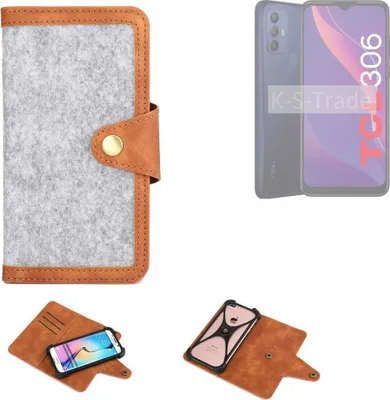 Produktbild von K-S-Trade Handyhülle kompatibel mit TCL 306 Schutzhülle Filz-Hülle Kunst-Leder hellgrau braun (1x)