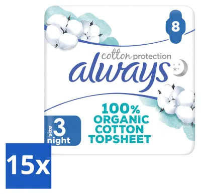 Imagen del producto de 15 toallas sanitarias nocturnas Always Baumwolle Protection con alas, 100% algodón orgánico, paquete económico, 15 unidades
