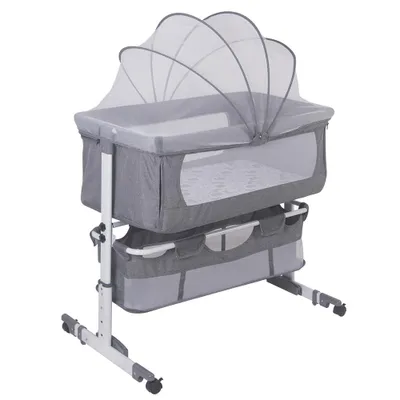Image de Berceau Lit d'appoint Co-Sleeper avec moustiquaire et roulettes Lit bébé indépendant réglable en hauteur 92×58×70-87cm gris