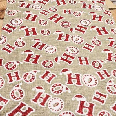 3 Meter Leinen-Optik Tischläufer Weihnachten -HoHoHo- in Hellbraun/Rot glitzernd, 28 cm
