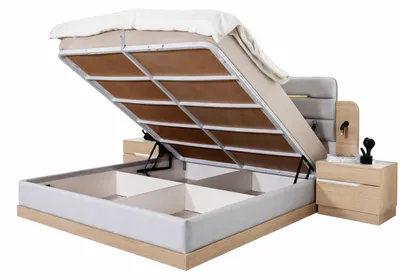 Image de Ensemble chambre à coucher blanc beige comprenant : un lit avec tête de lit en tissu, 2 tables de chevet, et une armoire en bois