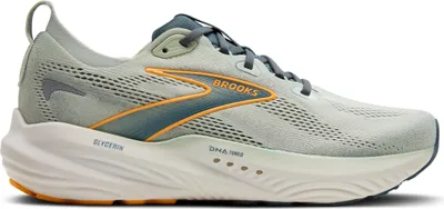 A side view of a single running shoe.
