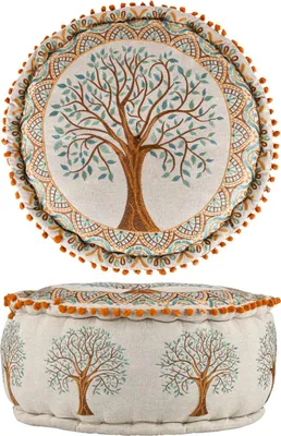 Obrázok produktu pre Puf Guansha, hnedý, 50 x 25 cm, okrúhly sedací vankúš z 100% bavlny, vyšívaný, vyplnený recyklovanou bavlnou. Slúži ako odkladací stolík, podložka pod nohy, alebo dekoratívny prvok v boho a etno štýle pre interiér, s osobitým charakterom