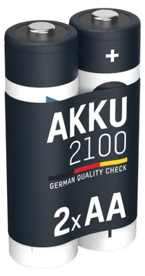 Two AA batteries are shown side-by-side, with a dark blue label wrapped around them.
