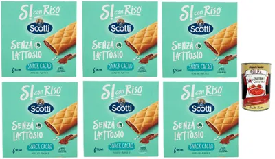 Produktbild von Riso Scotti, Si con Riso, Barretta Snack con Farina di Riso e Ripieno al Cacao, Snackriegel mit Reismehl und laktosefreier Kakaofüllung, Palmöl ohne, 6x 150g + Italian Gourmet polpa 400g