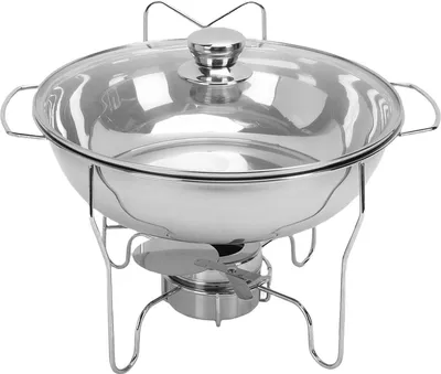 Productafbeelding van Ronde chafing dishes voor buffetgebruik, roestvrijstalen warmhoudschalen met glazen deksel, brandstofreservoir, 6 liter