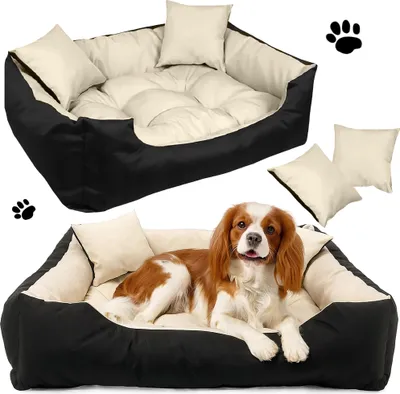 A collage showing a dog bed and a dog lying in a dog bed.