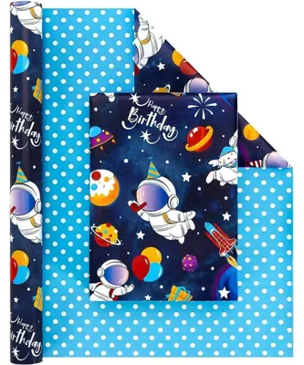 Productafbeelding van Cadeaupapier met ruimtethema, 1 rol, 43 cm x 10 m, blauw, dubbelzijdig