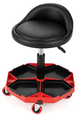 Image de CHARIOT D'ATELIER COSTWAY, capacité jusqu'à 120 kg, avec roulettes et étagère à outils, tabouret de travail réglable en hauteur de 43 à 58 cm, et siège mobile avec dossier et assise pivotante