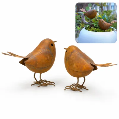 Produktbild von Metall Vogel Deko Garten 2er Set rostfarbene Eisen Figuren Vintage Landhausstil für Gartenweg Pflanzkübel Terrasse Außenbereich