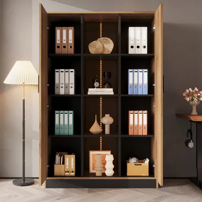 Imagen del producto de Estantería de vidrio con iluminación LED y puertas, archivador con espacio de almacenamiento, estantería de madera para salón y pasillo