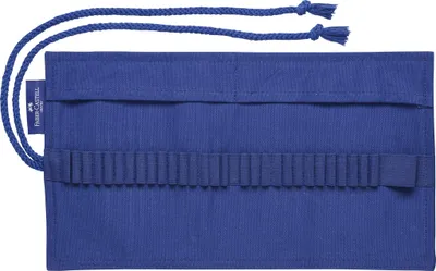 A blue fabric pencil roll-up case is shown laid flat and open, displaying its compartments for holding pencils or pens.