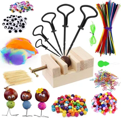 Productafbeelding van Kastanjeboor voor kinderen - Set met kastanjehouder - 698-delig - Kastanje-knutselset voor kinderen - 1,5-5 mm