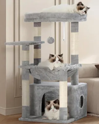 Produktbild von Katzenkratzbaum hellgrau HCT008SW, Sisal, mit Katzenbett und Katzenhöhle, für Katzen