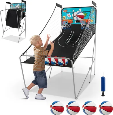 Image de COSTWAY 8 in 1 Basketballautomat, support électrique pour ballons de basket, machine à tirer avec 4 ballons, 8 modes de jeu, pompe à air pour 2 joueurs, vert
