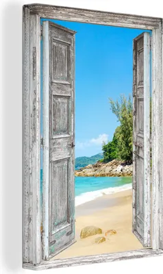 Produktbild von OneMillionCanvasses® - Leinwandbilder - 90x140 cm, Strand - Ausblick - Sommer - Tropisch, - Geöffnetes Fenster - Fensterblick Schlafzimmer Kunstdruck Wanddekoration - Foto auf Leinwand - Gemälde auf Holzrahmen  - Wandschmucke - Schlafzimmer