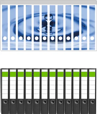 Produktbild von Wallario 12 Stück schmale Ordner inkl. Klebeetiketten mit Motive Wassertropfen im blauen Wasser -  Set mit Rückenschildern / Ordnerrücken Stickern
