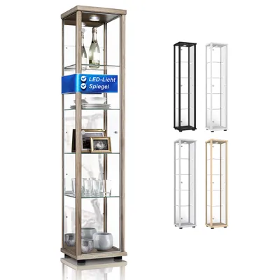Produktbild von K-Möbel Glasvitrine Stehend (176x37x33cm) mit Spiegel -  Germany - Vitrinenschrank Sonoma Eiche mit 4 höhenverstellbaren Glasböden & LED