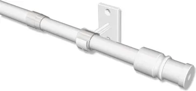 A white curtain rod with a mounting bracket.